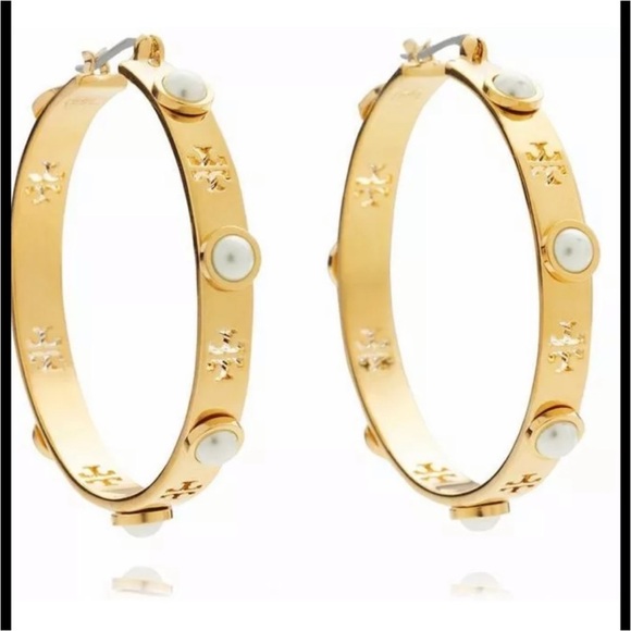 Tory Burch Gold Hoop Earrings with Pearl Details - Picture 5 of 5